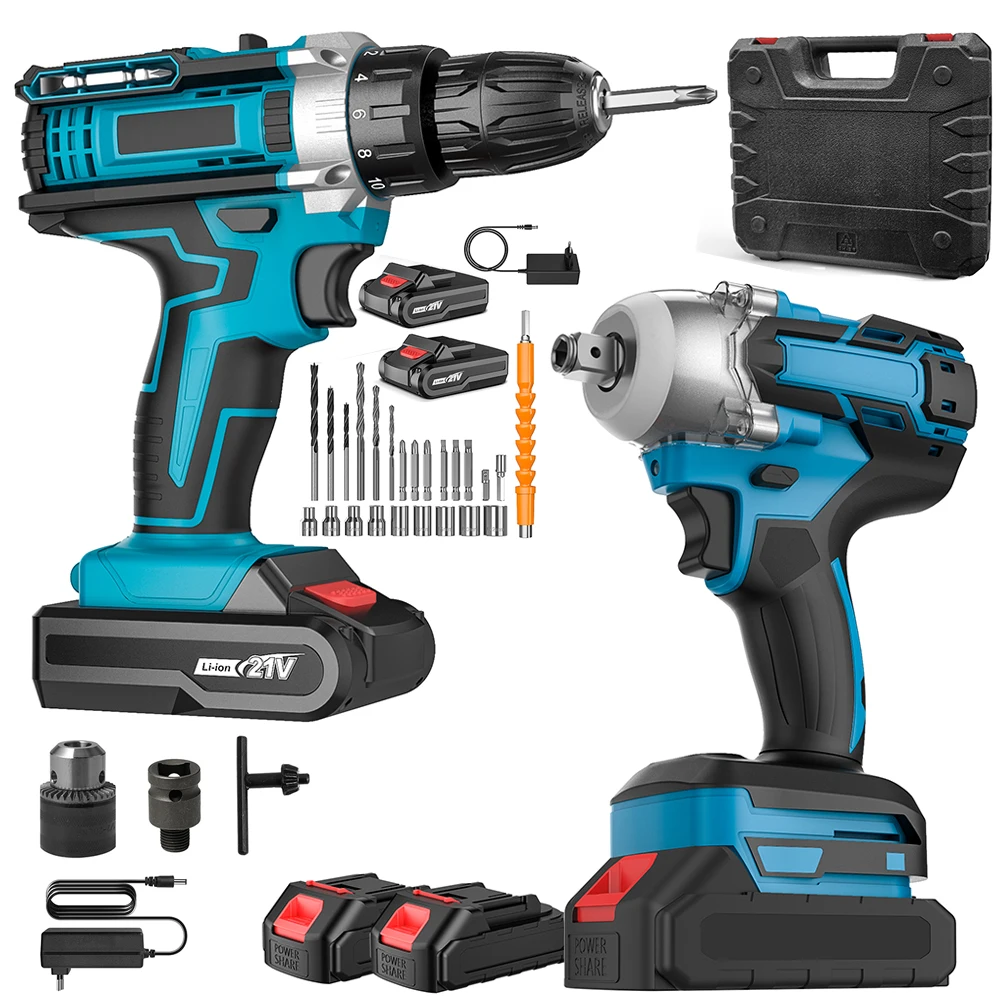 Kit de forage à clé d'impact sans fil 21V, clé d'impact électrique 520Nm avec pilote de forage 32Nm, jeu d'outils électriques à vitesse variable pour la réparation automobile, le bricolage à la maison et la constructio