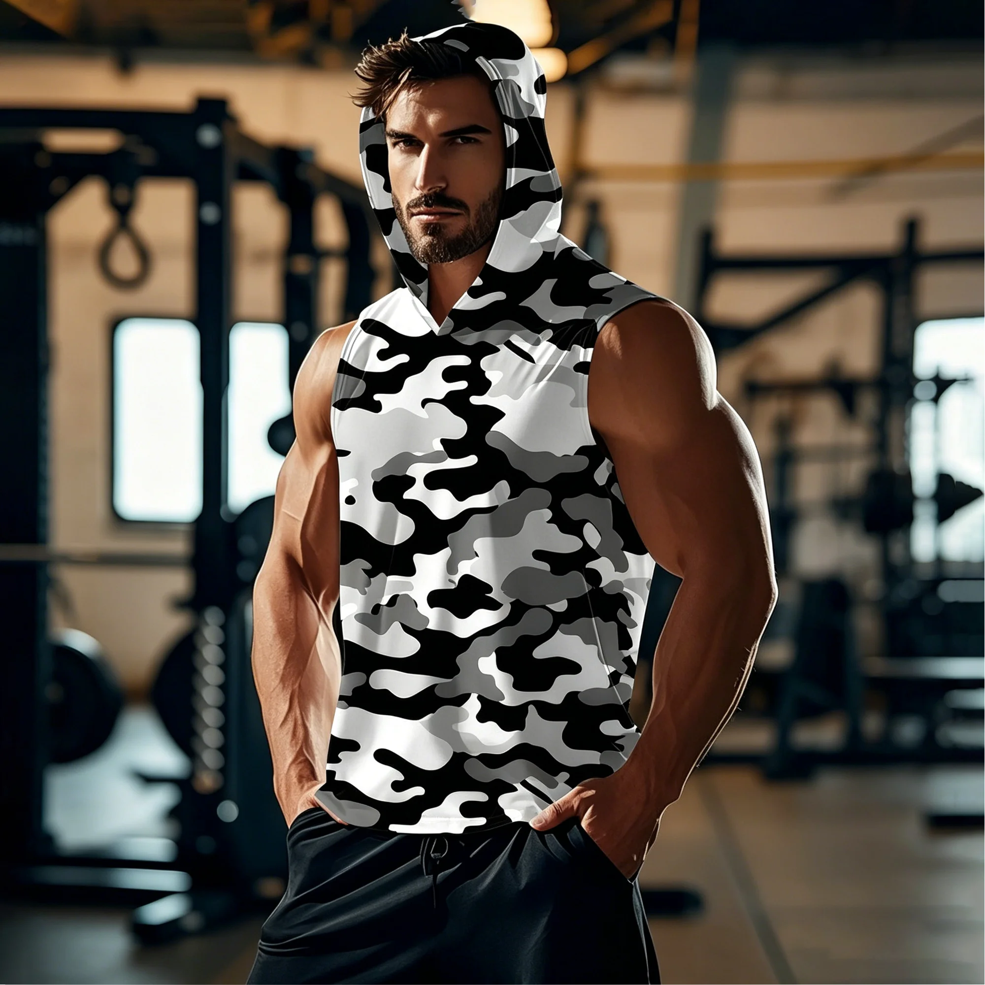 Atmungsaktives Schnee-Tarnmuster Ärmelloses Kapuzen-Trainingsshirt für Herren Vollständig Camouflage-Bedrucktes Ärmelloses Laufshirt für Jagd, Angeln und Sport