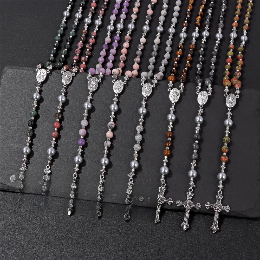 Bracelet Vintage en Pierre Naturelle Œil de Tigre Lave, Pendentif Croix du Christ Catholique, Bijoux de Méditation Chapelet, pour Femme et Homme