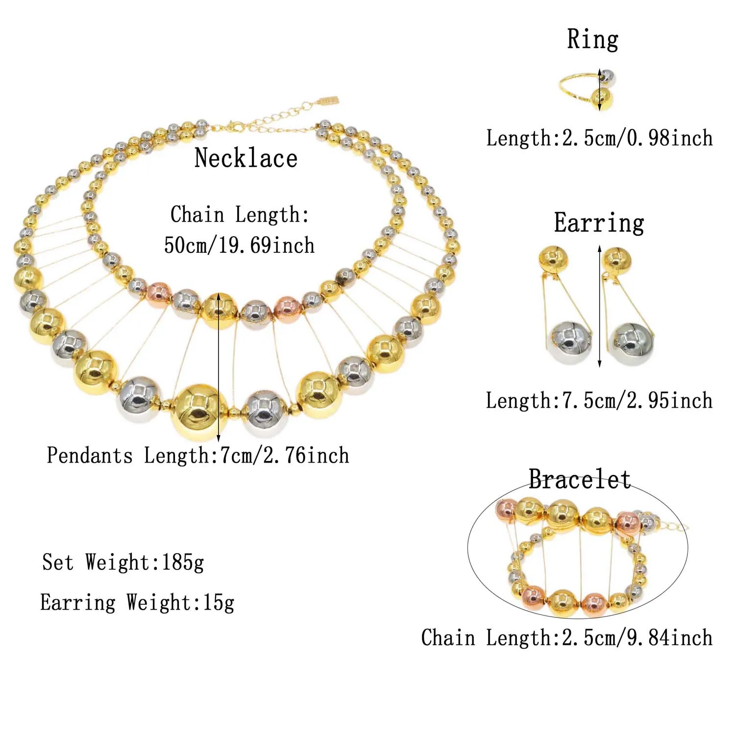 Italian Jewelry Sets For Women Gold Plated Luxury Silver Choker Ball Bead Necklace Two Tone Bracelet Wedding Party Jewelry SYHOL