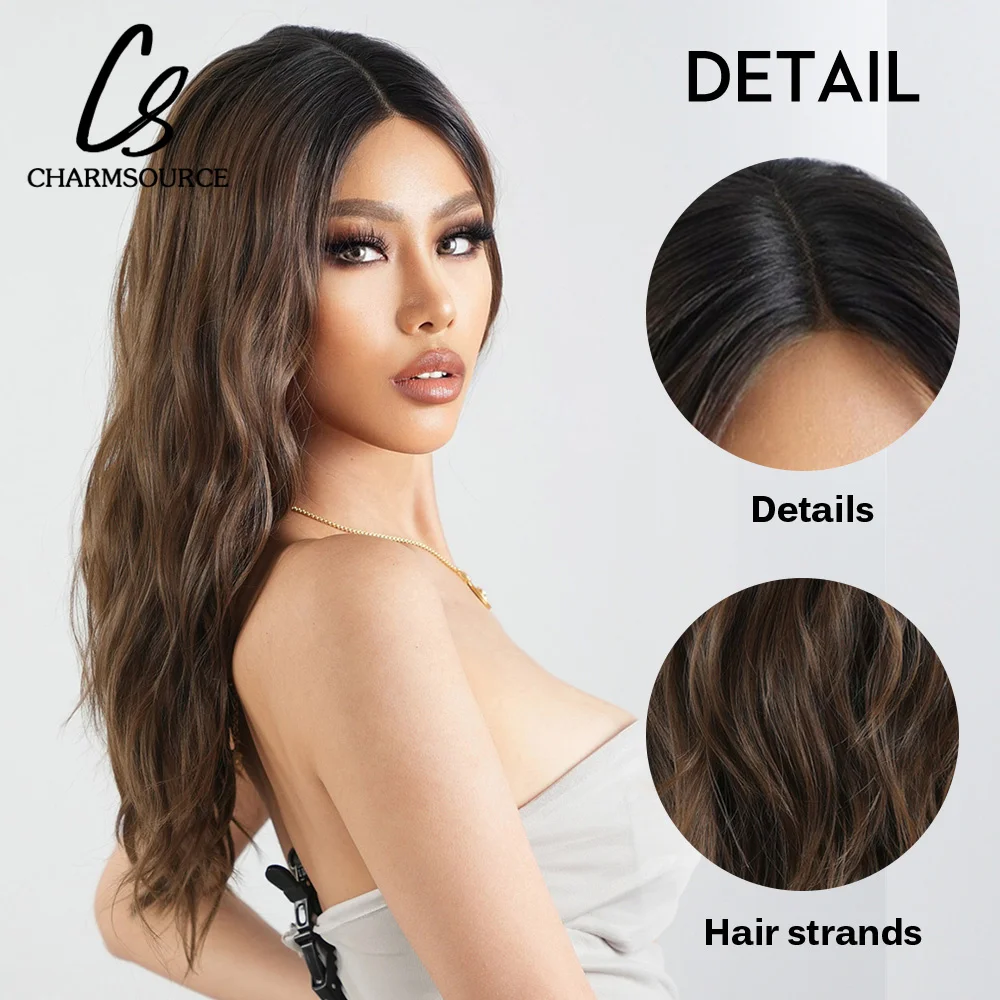 CharmSource Synthetic Lace Front Wigs Ombre Black Brown Wigs Long Wavy Wigs for Women Cosplay Party High Density Resistant Hair