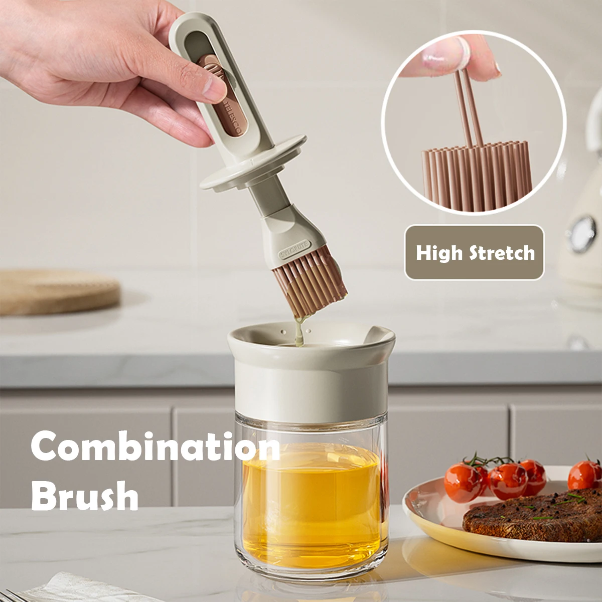 WMMO Distributeur d'huile d'olive avec brosse pour cuisine, bouteille d'huile 2 en 1, brosse à badigeonner en silicone, cuisson de la sauce au vinaigre, barbecue, gril, friture