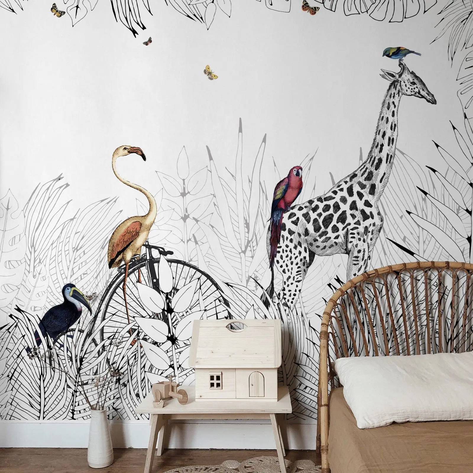 Panoramic animal wallpaper with Elephant, Giraffe, Zebra, Famingo and toucan, Hand drawn Metrozoo Wallpaper for Kids