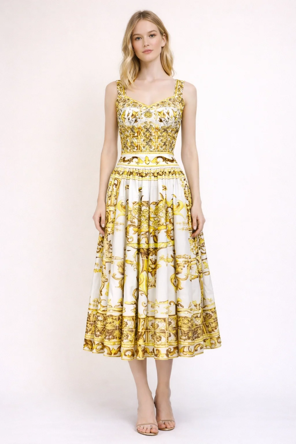 

Spaghetti Strap Women Suit Sweetheart Neck Short Tops+Summer Skirt Baroque print Cotton Fashion Pleated 2-piece set