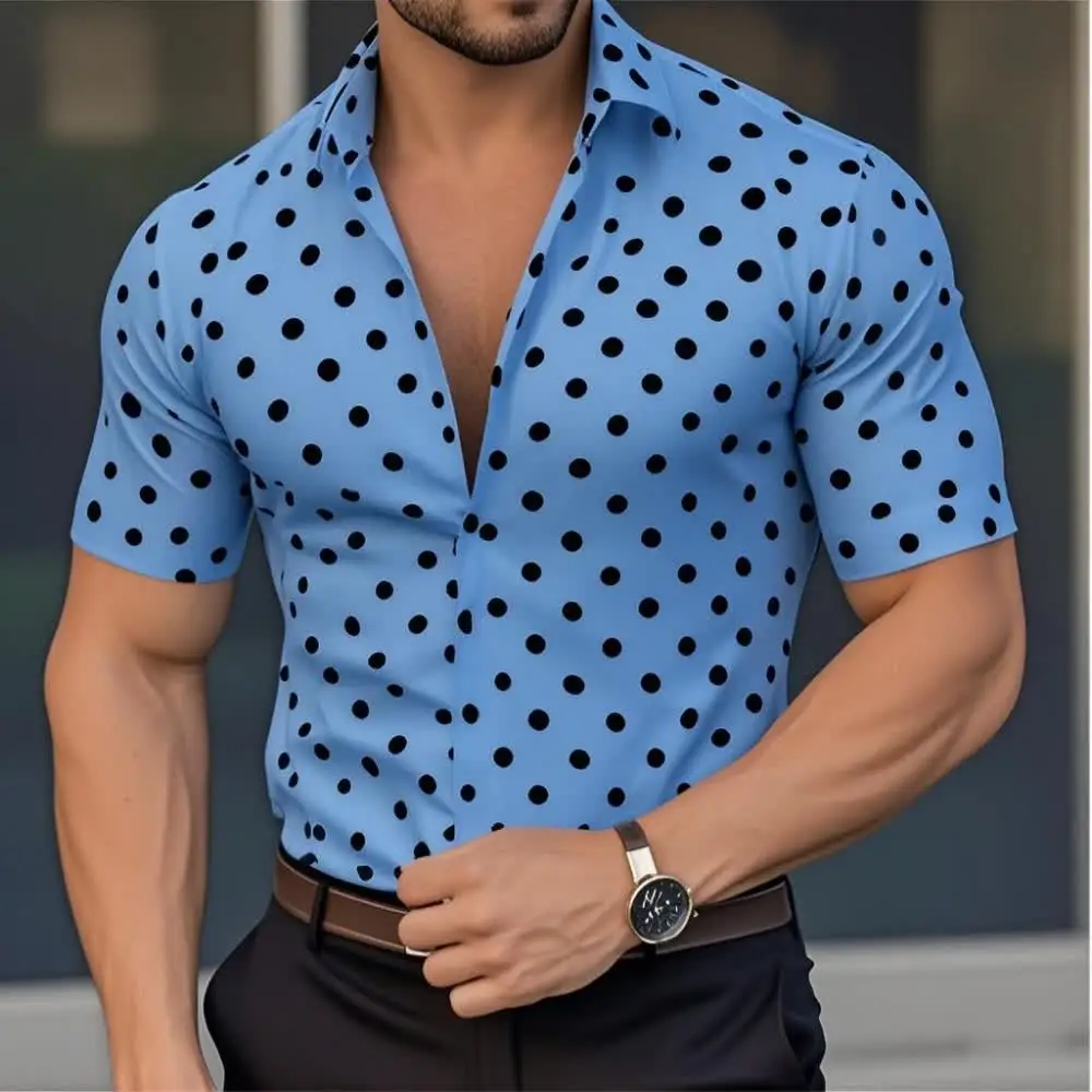 メンズシャツ ボタンダウンシャツ カジュアルシャツ サマーシャツ ビーチシャツ 黒、白、赤、白、緑 半袖 水玉ラップ