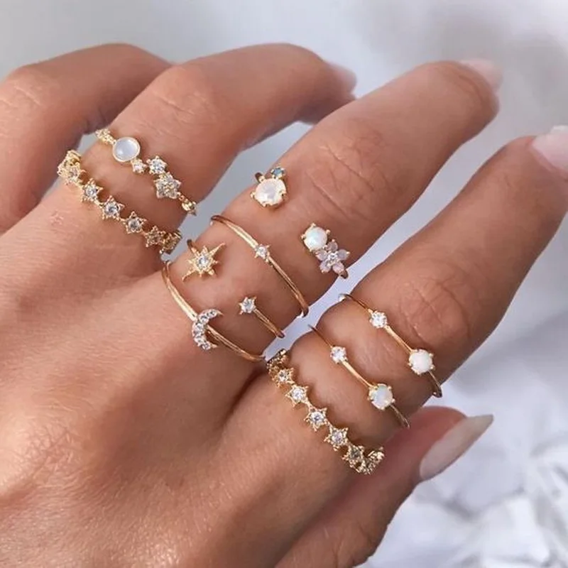 Fashion Moon Star Heart Butterfly Ring Set For Women Shine Crystal Cross Finger Rings Charm Party Wedding Vintage Jewelry Gift