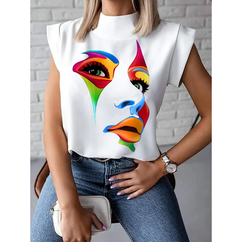 Krisnanas Women Cap Sleeve Loose Multi-Colored Printed High-Neck T-Shirts Tops