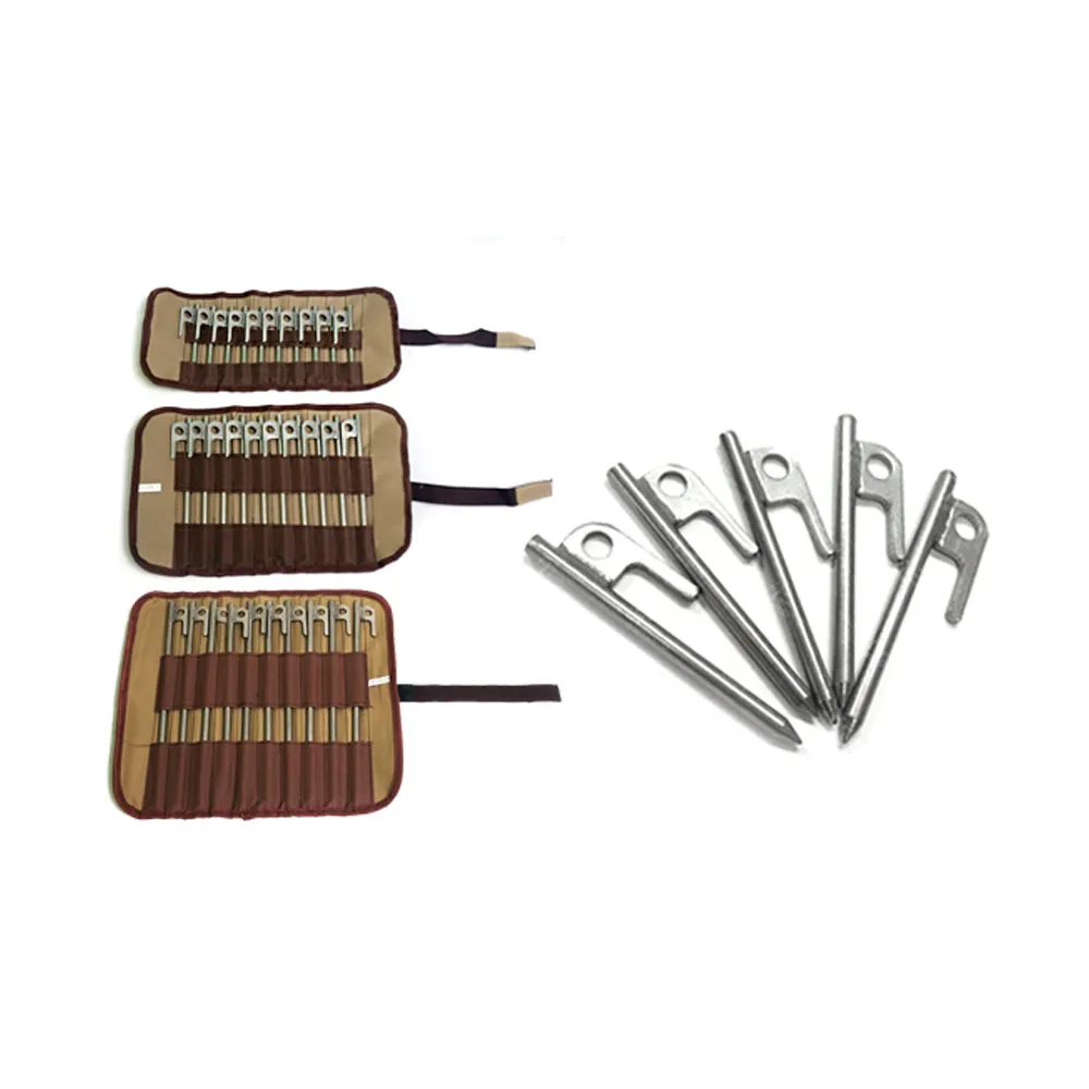 مجموعة حزمة قماش القنب لخيمة التخييم بما في ذلك صندوق تخزين، أوتاد من الفولاذ المقاوم للصدأ 12 سم 20 سم 30 سم حزمة مزورة.