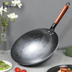 Traditional Iron Wok,Hand Hammered Iron Pans Stir Fry Pans Non-coating Woks For Kitchen Pan Wooden Handle Wok Gas Pot Cookware