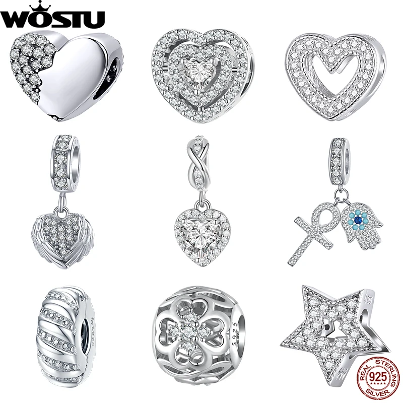 WOSTU 925 Sterling Silver Delicate Shiny Infinite-heart Pendant Zirconium Love Charms Fit Original Bracelet DIY Jewelry Making