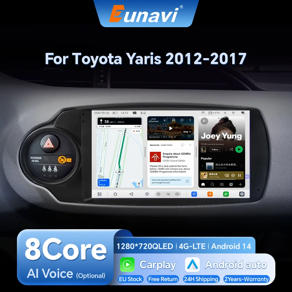 Eunavi AI Voce Senza Fili CarPlay Android Auto Autoradio Per Toyota Yaris 2012 2013 20014 2015-2017 GPS Multimediale 2 din