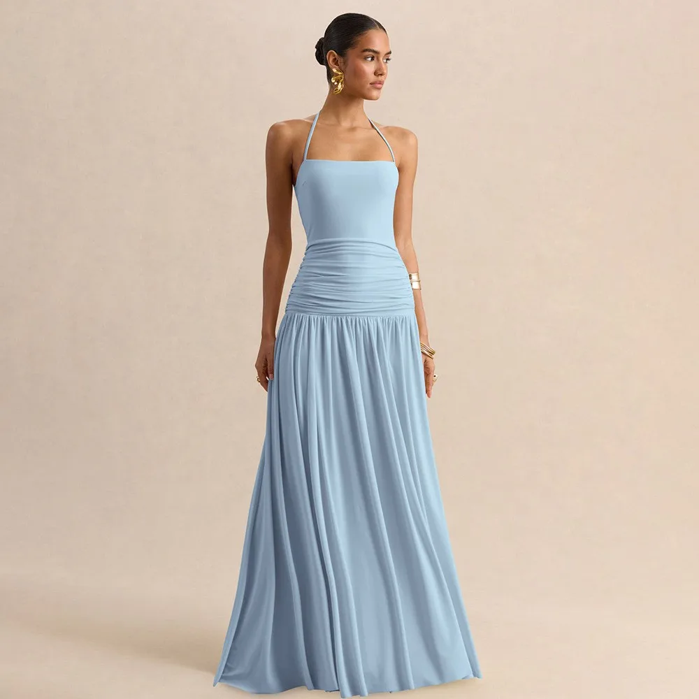 Bodycon Pleated Dress Slim Fit Streetwear with Low Neckline Sleeveless Maxi Length Pullover Long Dress Sexy Chic for Women
