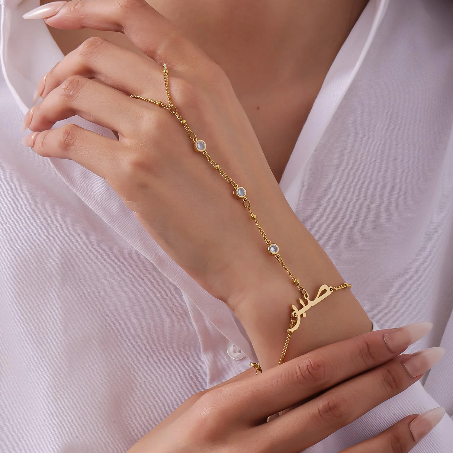 Custom Arabic Name Bracelet Gold Plated Hand Chain Ring Stainless Steel Jewelry Gift for Women Luxury Eid Gift for Women