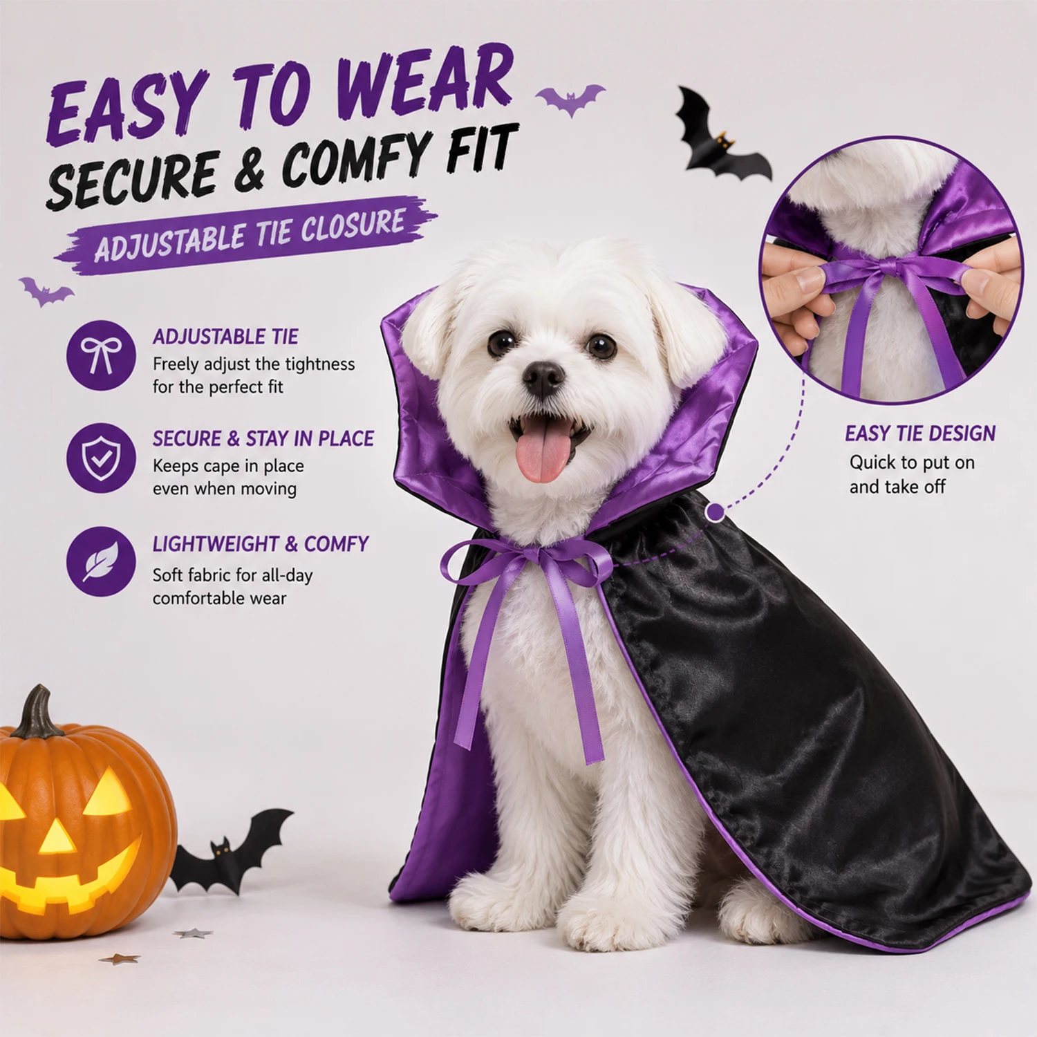 Halloween-Vampirumhang für Hunde und Katzen, lila Zaubererumhang als Haustierkostüm mit verstellbarer Krawatte, gruseliges Verkleidungs-Outfit. – Detail 1