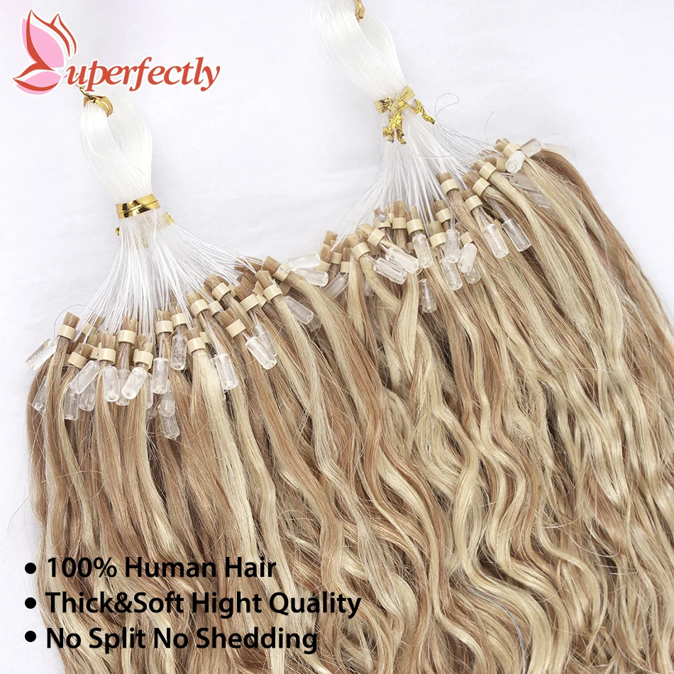 Extensions de Cheveux Naturels Ondulés Remy, Micro Boucle, Micro Perles Bouclées, 1.0g/Mèche