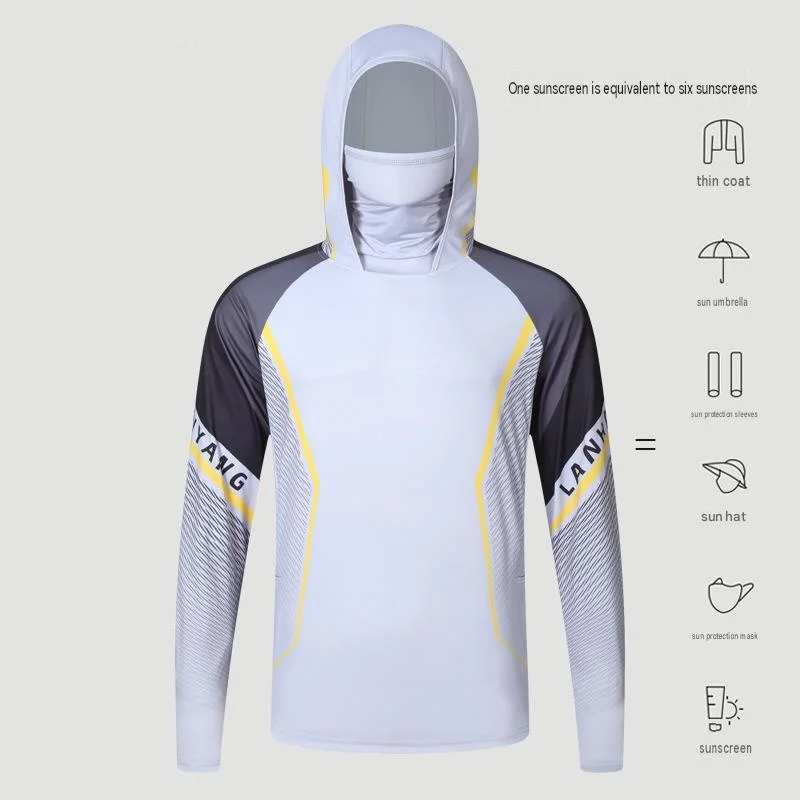 Men Color Block Angling Hooded Top Built-in Face Mask UPF50+ Sun Protection Raglan Sleeve Quick Dry Long Sleeve Fishing Apparel