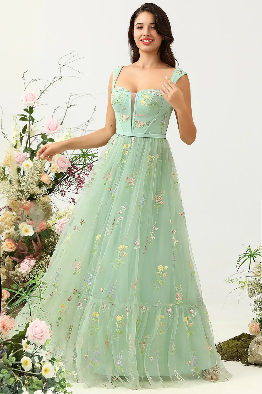 A-Line Square Neck Prom Dress With Flower Embroidered Tulle Long Evening Party Dresses Graduation Gown Wedding Party Dresses