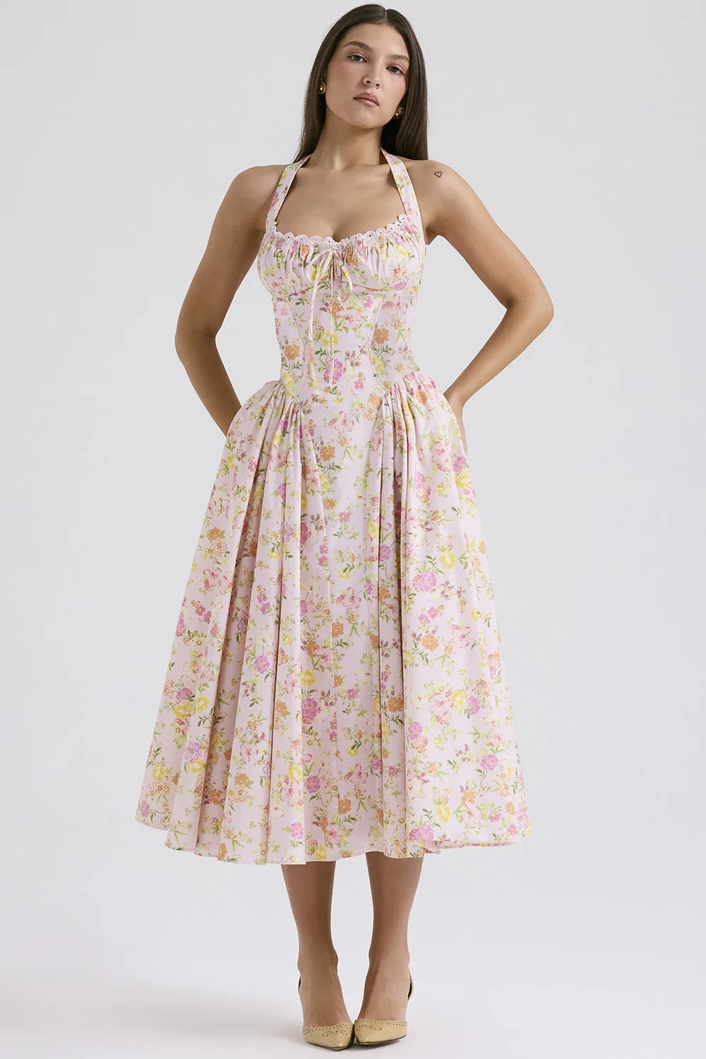 Vintage Floral Halter Midi Sundress Women's High Waist Pink Blue Black Red  Dresses Summer Dresses Female Birthday Robe 2025 New - AliExpress 200000345