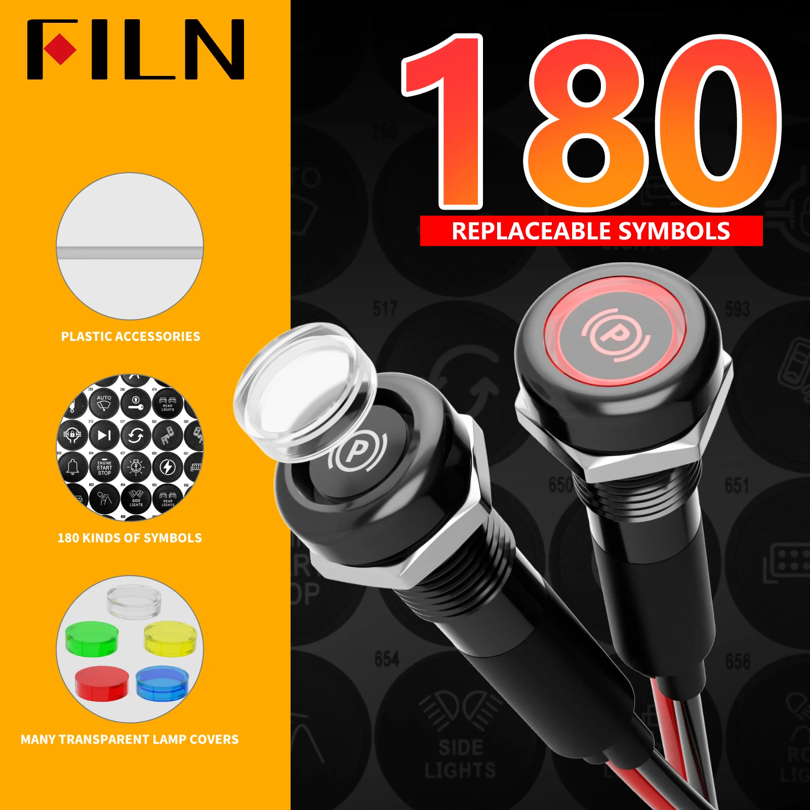 FILN 2pcs 8mm Metal LED Indicator Light IP67 Waterproof 180 Replaceable Symbols 12V 24V Car Dashboard Signal Lamp