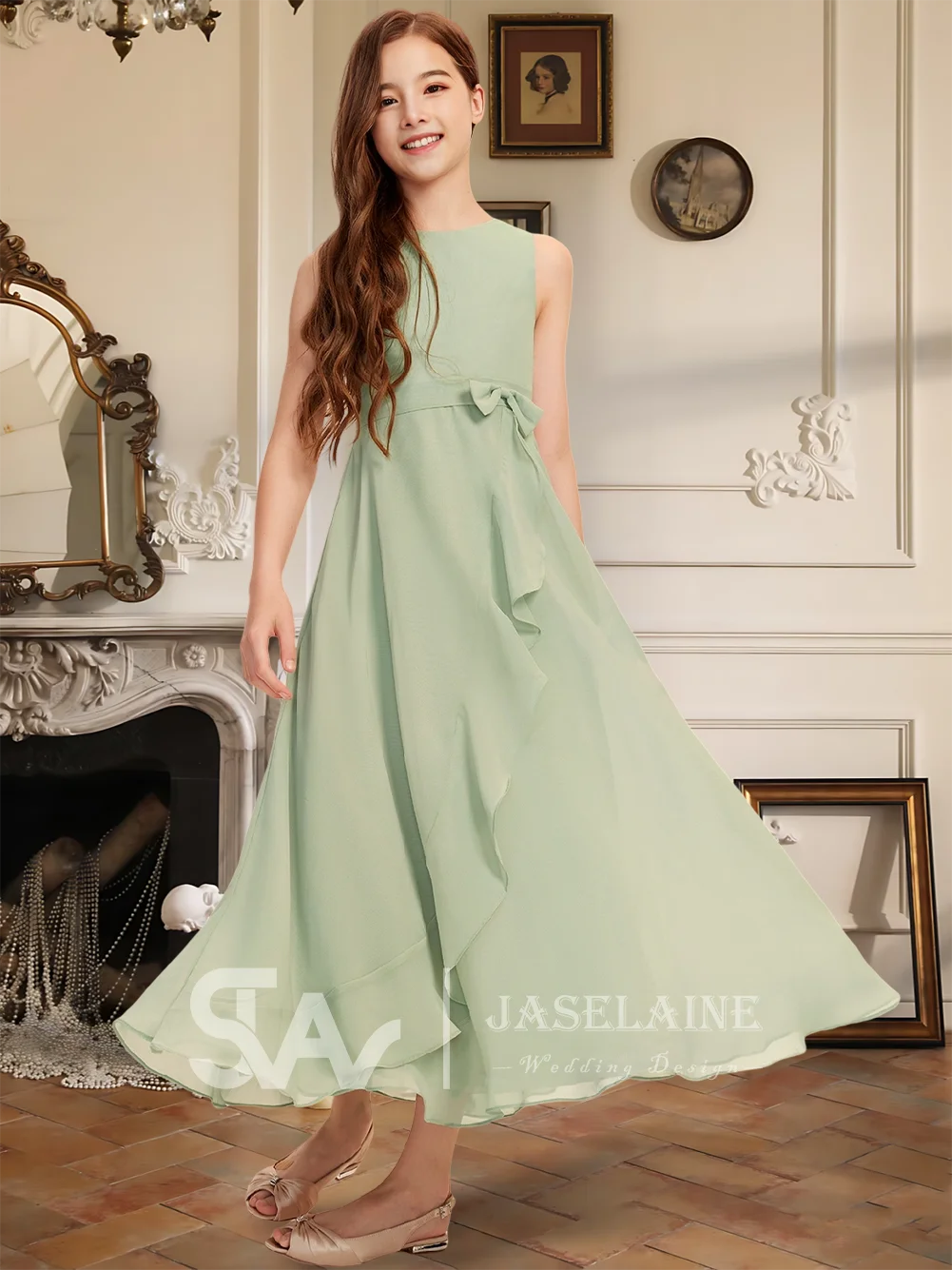 

QA Kids A-Line Scoop Ankle-Length Chiffon Junior Bridesmaid Dress With Bow Flower Girl Dress Girl Wedding Party Formal Special