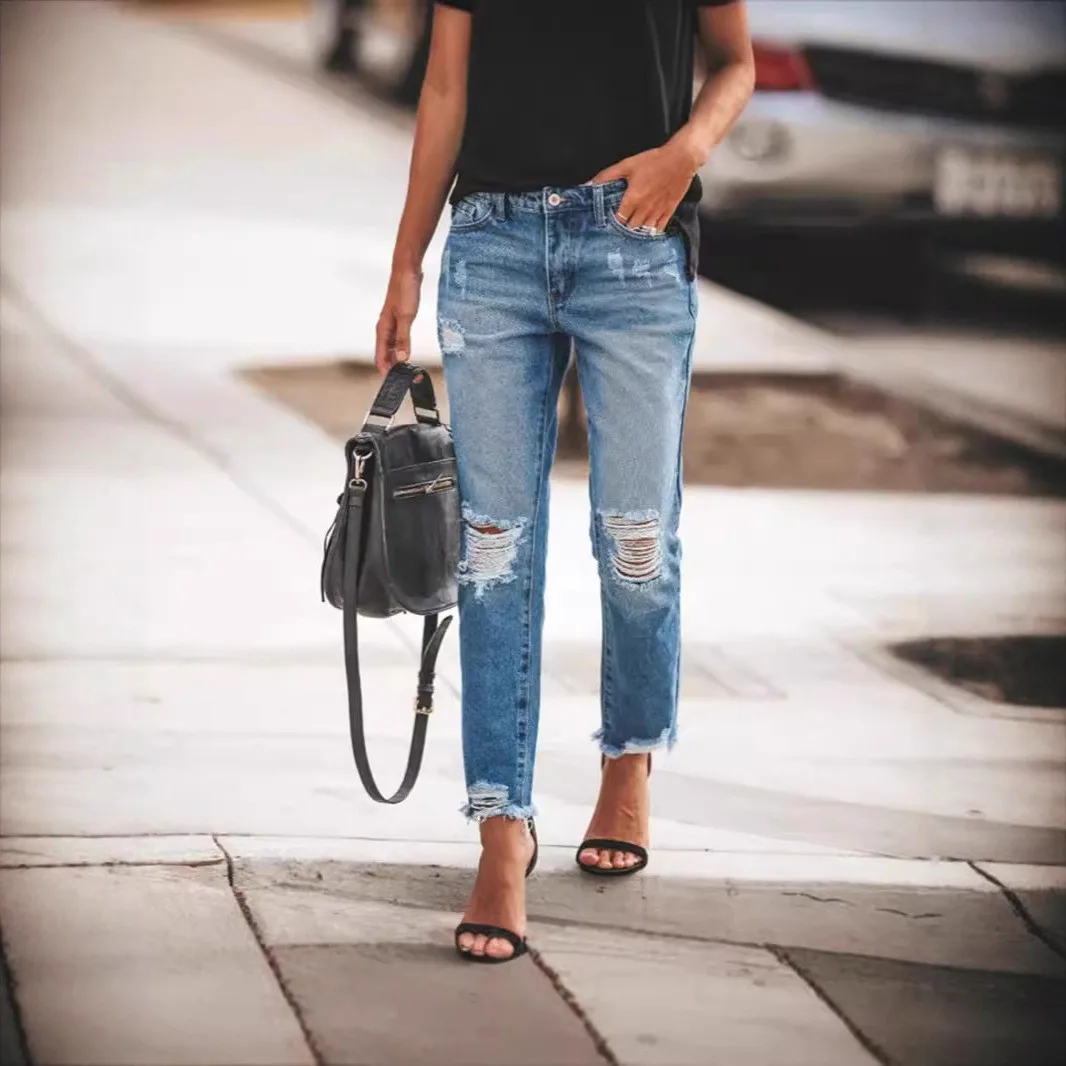 Mid Weight Style Jeans Full Length Workwear Style with Commuter Chic Summer Season Mid Rise Long Pants Casual Women Jeans Pants