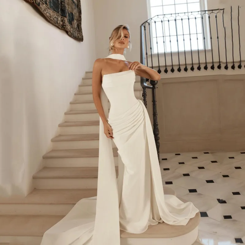 

Elegant Mermaid Long Wedding Dresses Ivory Sleeveless Strapless Sexy Pleat Floor-Length Bridal Gown For Women Backless Lace-up