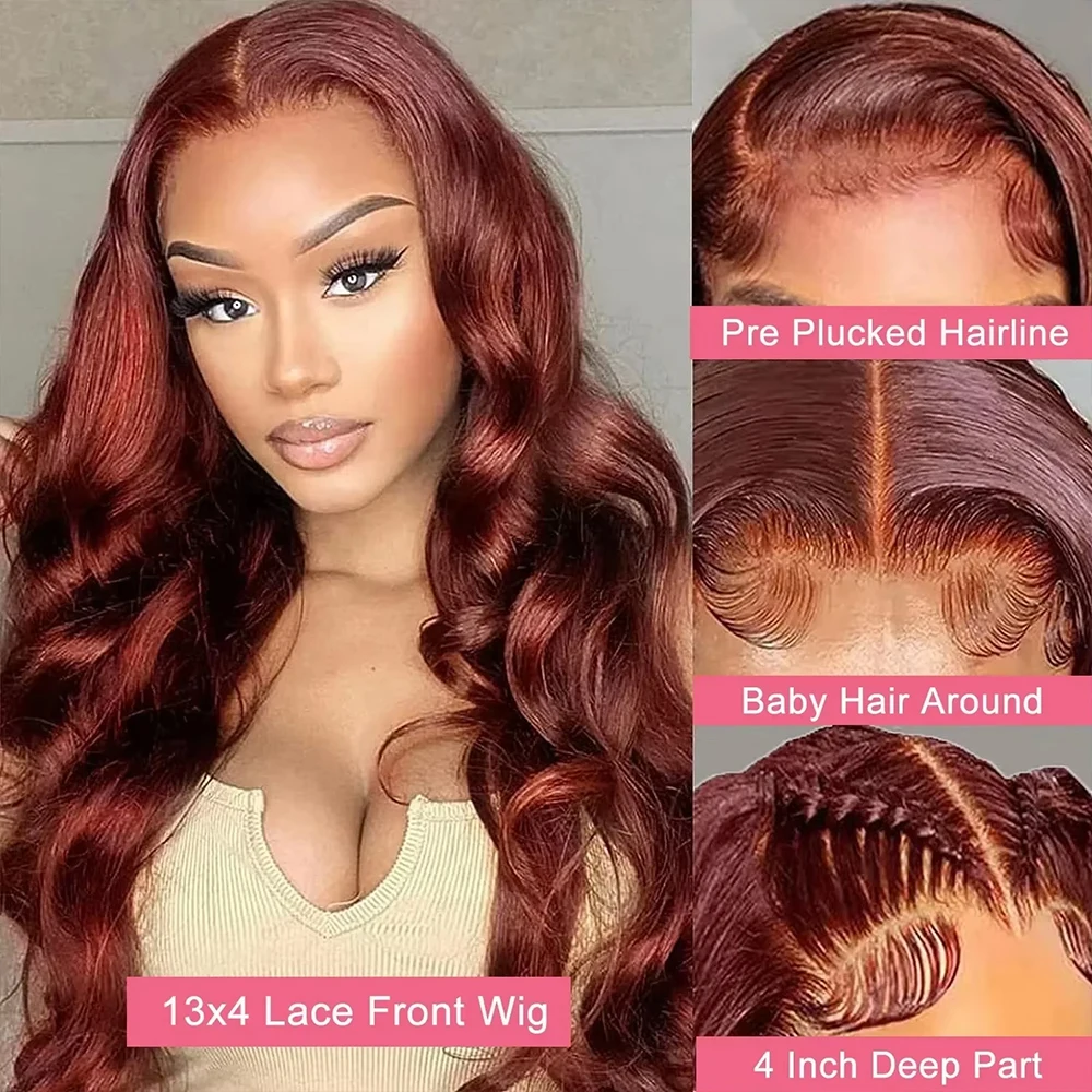 Reddish Brown 13x4 Lace Front Wigs Pre Plucked Auburn Colored Body Wave Synthetic Lace Wig For Black Women Natural Glueless Wig