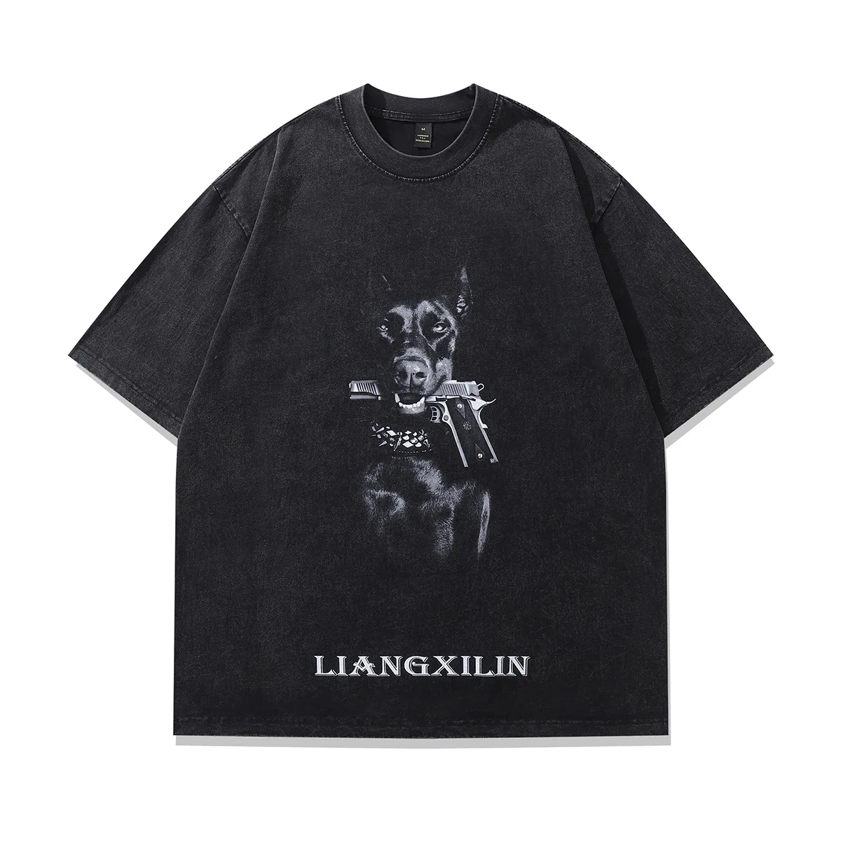 

VINTAGE Hip Hop Retro Trendy Brand Doberman Print Washed Old Short Sleeved Tshirt Oversize For Men And Women Street Half Sleeved