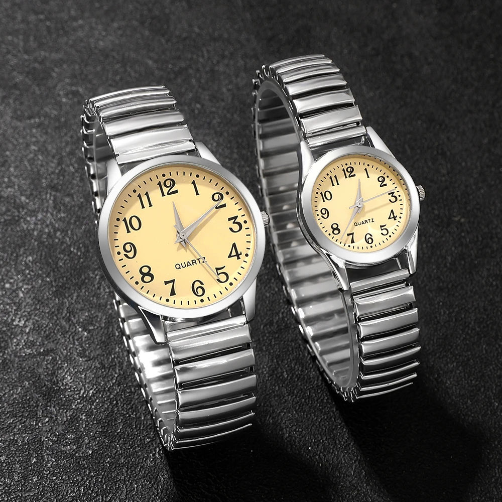 2PCS Couple's Watches Fashion Stainless Steel Band Men Women Analog Quartz Watches Set