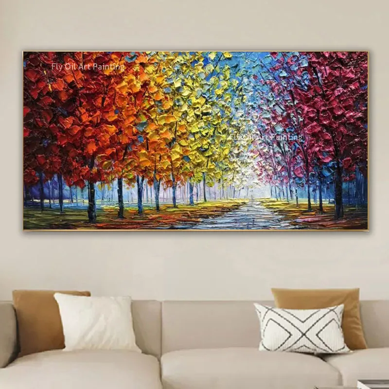 

Large Tree Oil Painting On Canvas Colorful Forest Autumn Painting Living Room Art Hand-painted Heavy Textured Impasto Painting