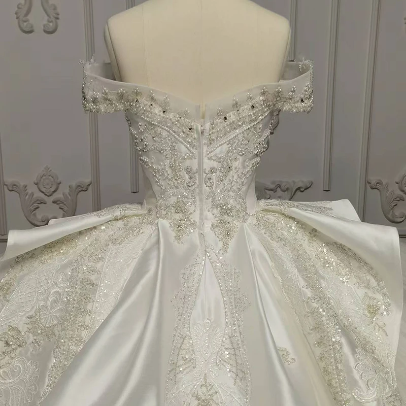 Vestidos de casamento de luxo para as mulheres fora do ombro lantejoulas pérolas cansado vestido de baile capela trem vestidos de casamento dy9850 robe mariage