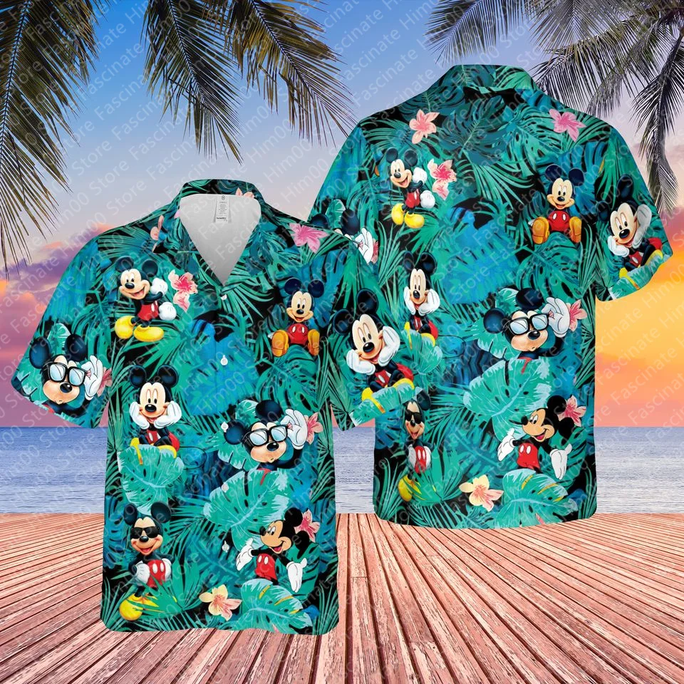 Disney Mickey Mouse T-shirt Children\'s summer comfortable short-sleeved shirt Men\'s Hawaiian vacation shirt clothing