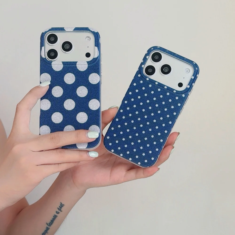 Vintage Denim White Polka Dot Phone Case for iPhone 17Pro 16Max 15 16 17 Pro Max 15Pro Fashion Simple Shockproof Protective Case