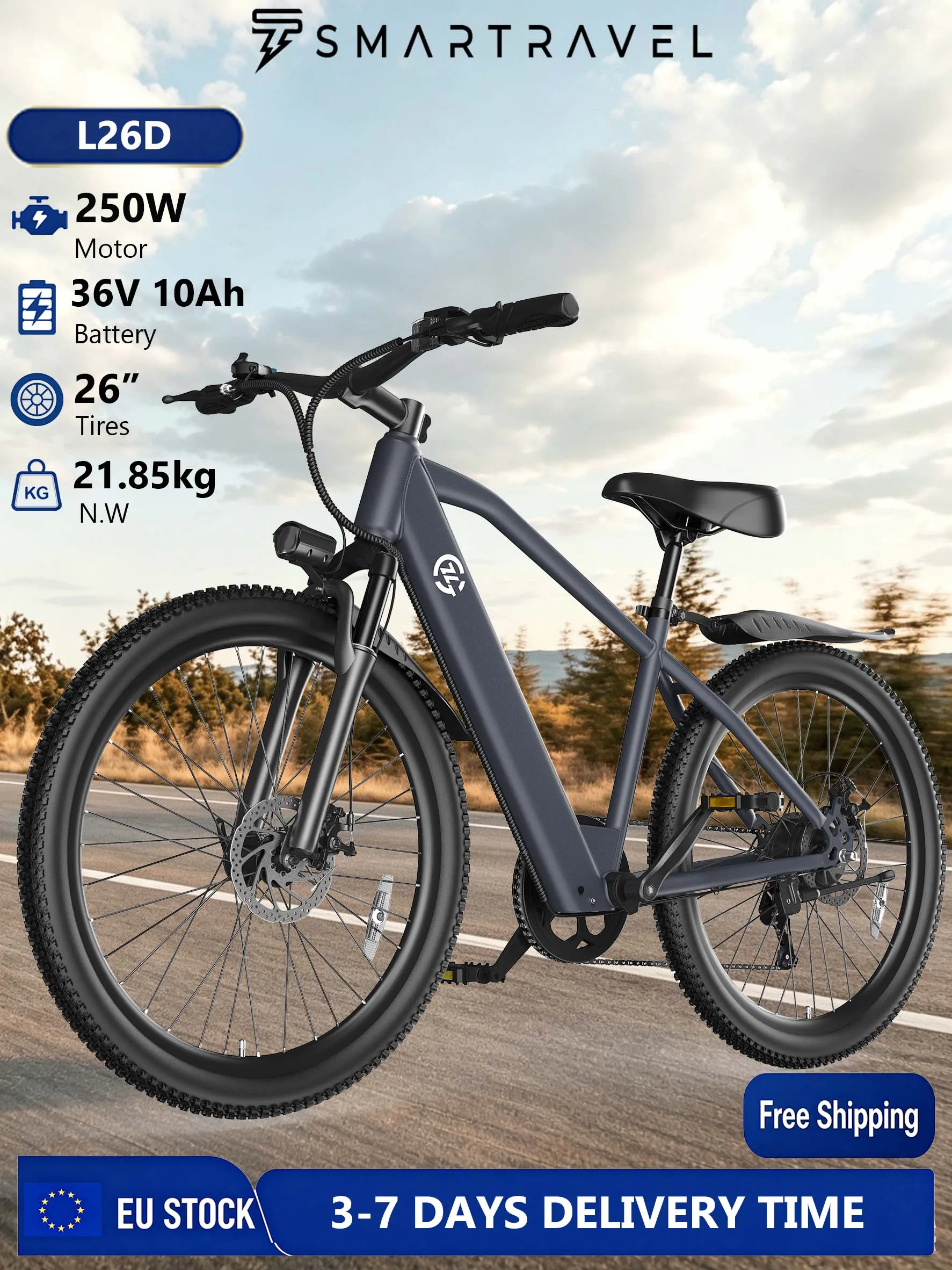 26'' Elektrofahrrad für Erwachsene L26, 36V 10Ah Akku, 250W, 7 Gänge, LCD-Display, Daumengashebel, 25km/h, 25-40km Reichweite, Mechanische Bremse, Stahlrahmen, LED Scheinwerfer, Urbanes E-Bi