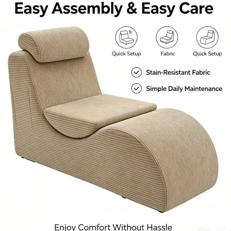 Une chaise longue moderne de couleur kaki au design unique, avec un siège ergonomique doté de mousse compressée haute résilience, un coussin de siège amovible et une poche latérale – idéale pour le salon et la chambre.