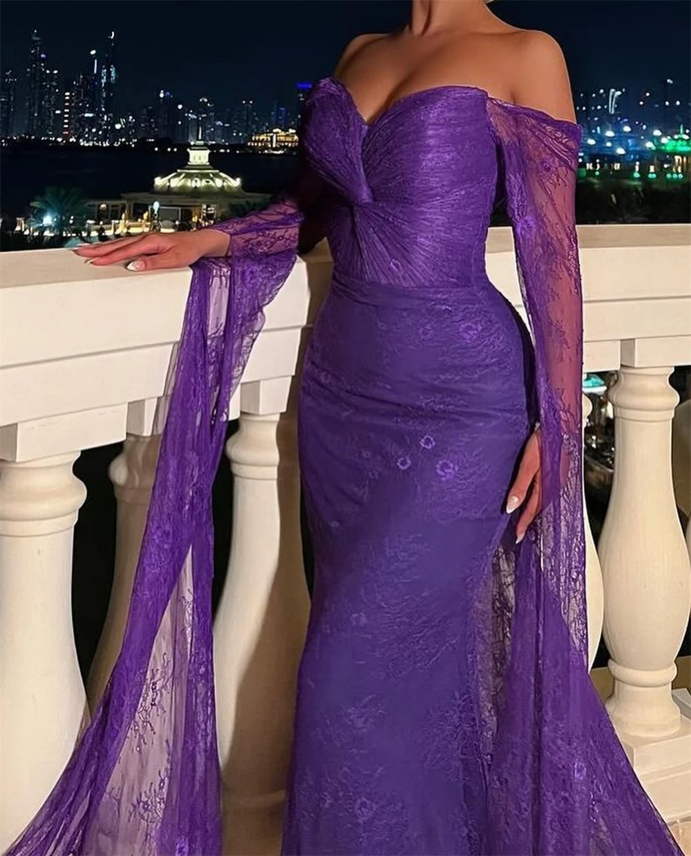 فستان حورية البحر أرجواني مخصص من Sansa بأكمام طويلة للحفلات الراقصة ورقبة على شكل قلب فيستدوس دي نوش ذيل محكمة سهرة رسمية 2025