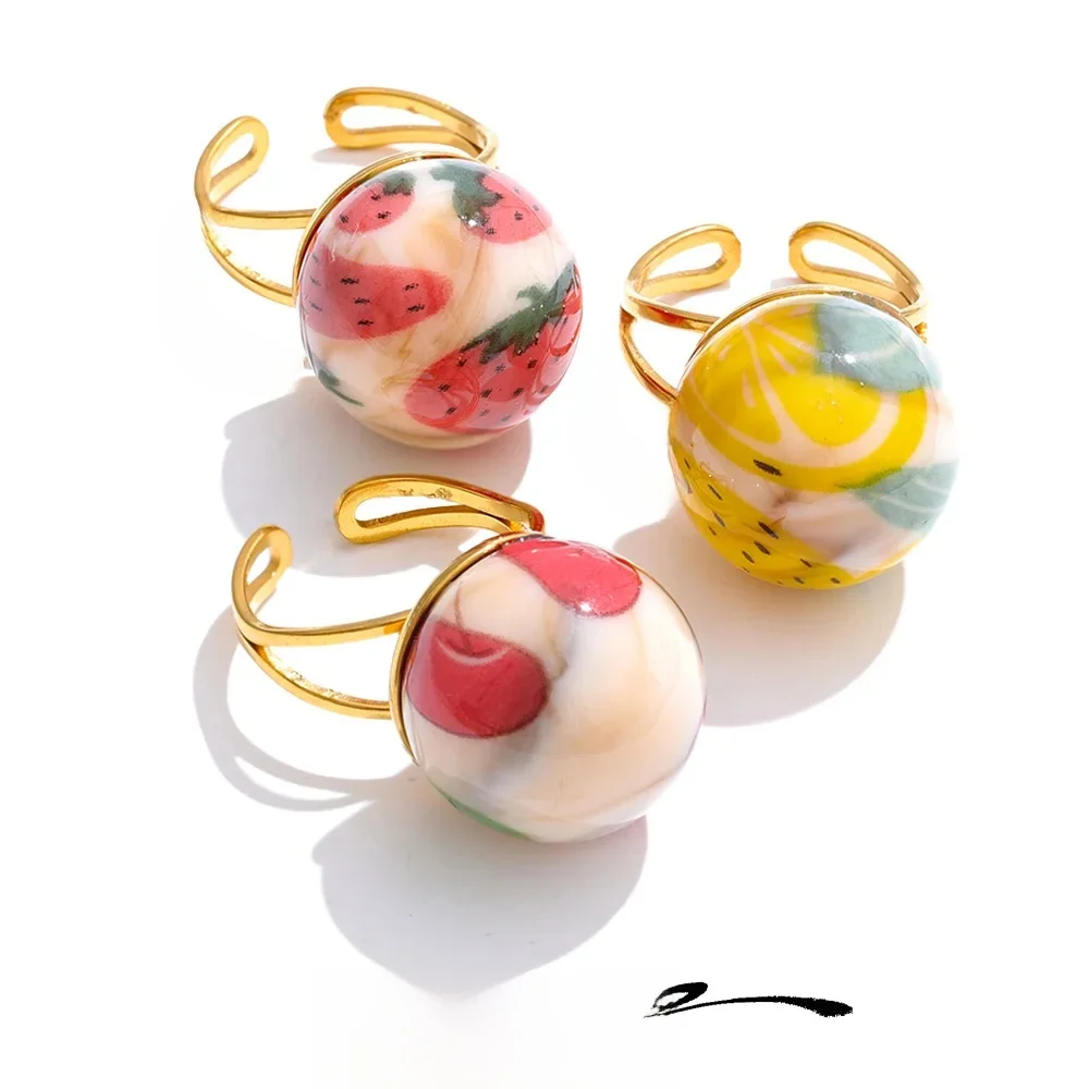 Yhpup arrivées bonbons émail rond fraise ananas cerise anneau ouvert réglable en acier inoxydable exquis bijoux de mode