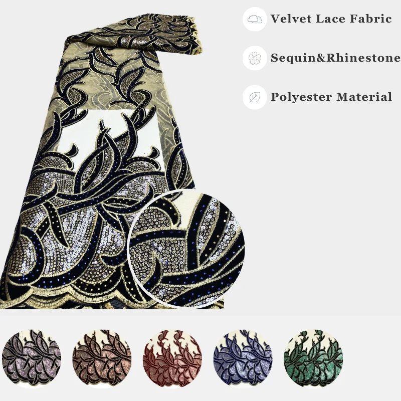 

Hot Sale Velvet Fabric Rhinestones Sequin Raised Velvet Work Flowing Scroll Motif Lace Fabric High Quality Wedding Party Dresses