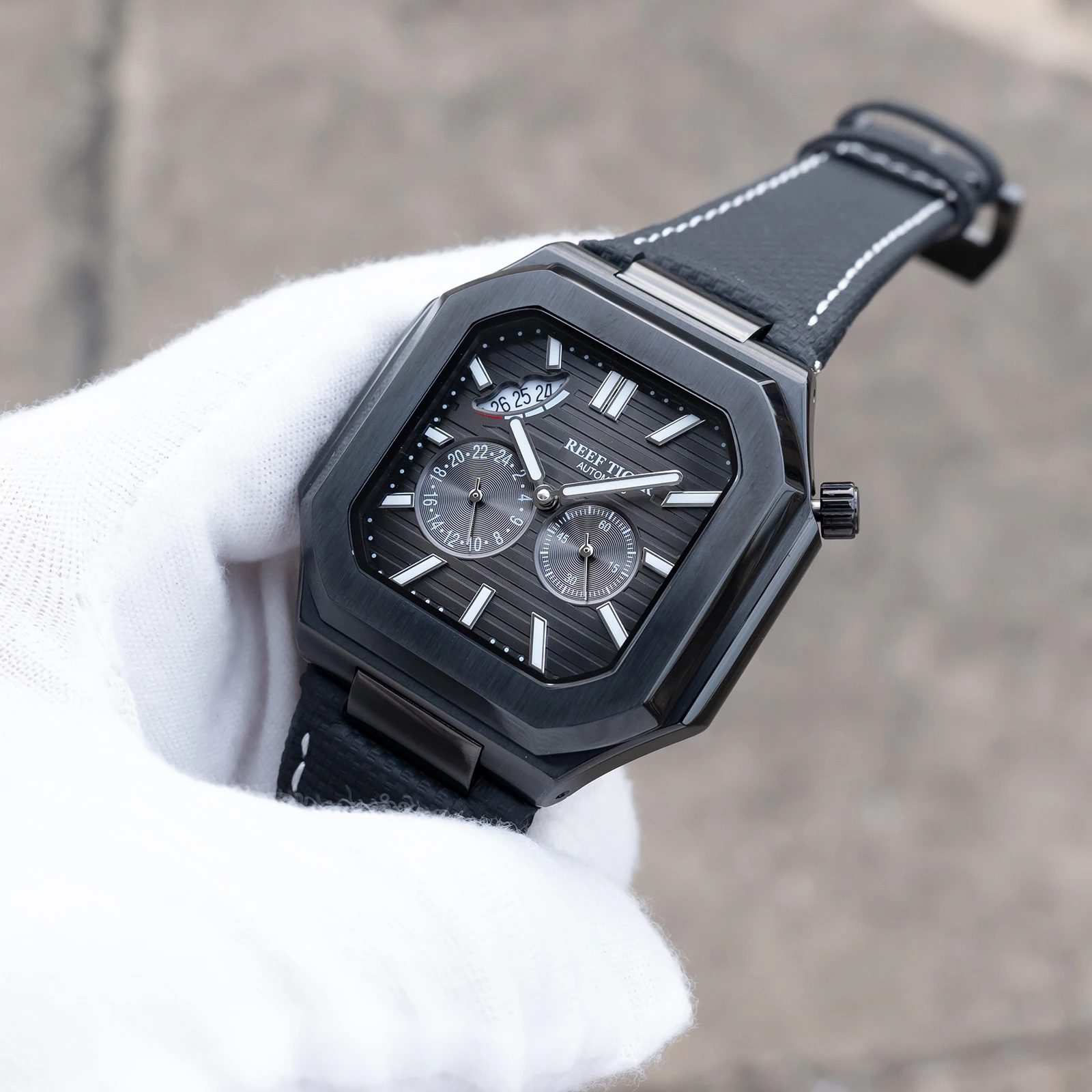 

Reef Tiger Full Black Multifunctional Square Watch with Date Luminous Leather Strap 50m Waterproof Mechanical Relojes RGA20S9