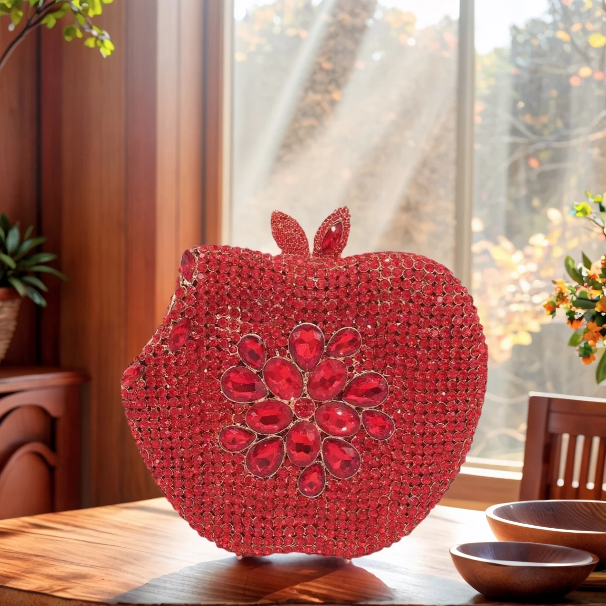 

Unique Apple Shaped Crystal Evening Clutch for Women Luxury Rhinestone Crossbody Bag Wedding Handbag for Banquet Party