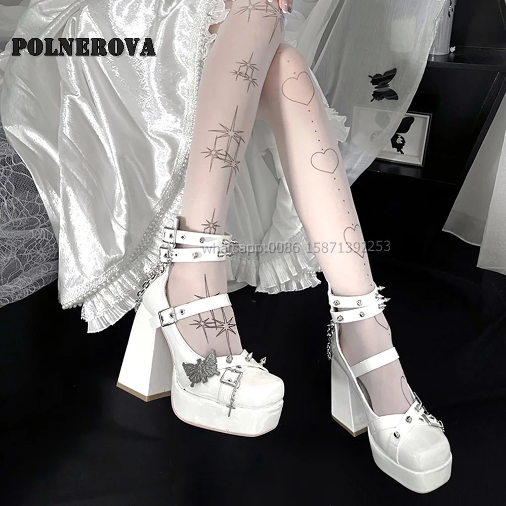 

Rivet Chain Butterfly Decoration Pumps Square Toe Height Increasing Platform Belt Buckle Mary Janes Punk Dark Style Gothic Shoes