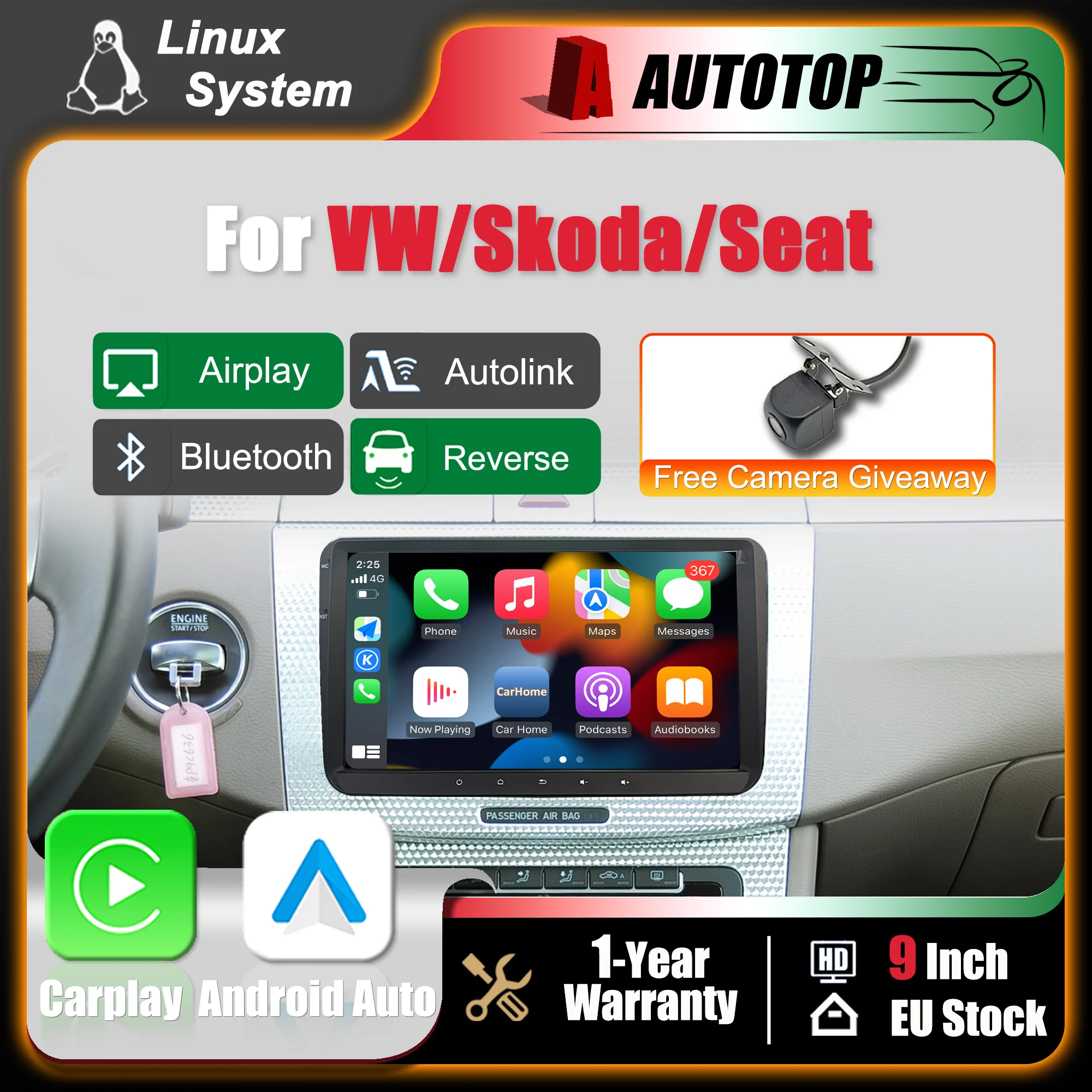 Schermo multimediale da 9 pollici con sistema Linux, CarPlay wireless e Android Auto per VW Passat B6 B7 T5 Tiguan Touran GOLF POLO, autoradio con BT, GPS, navigatore, DSP, schermo touch e telecamera