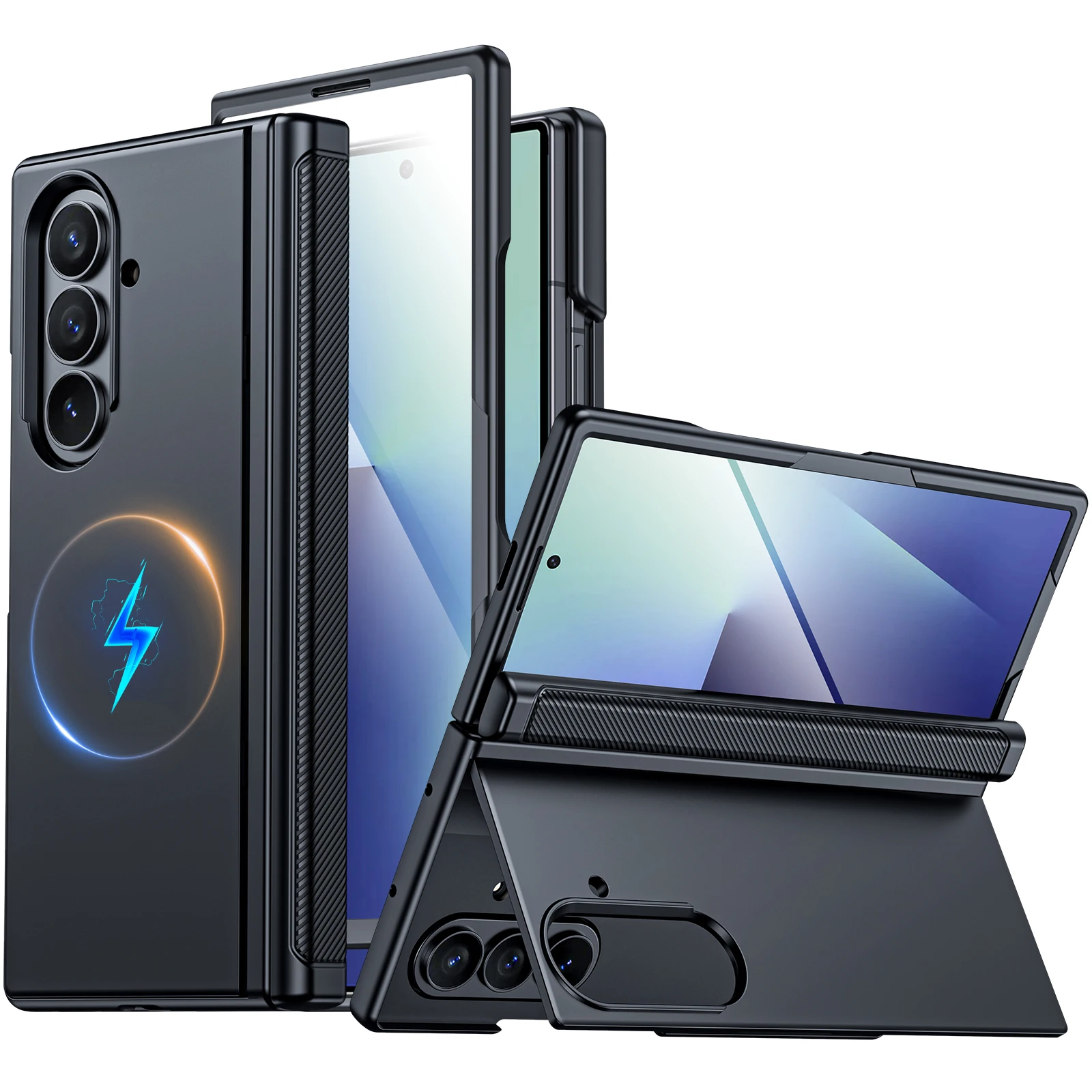 Geschikt voor Magsafe, scharnierbescherming, schermbeschermer, ingebouwde verborgen standaard, slanke schokbestendige telefoonhoes voor Galaxy Z Fold 7-zwart - afbeelding 1