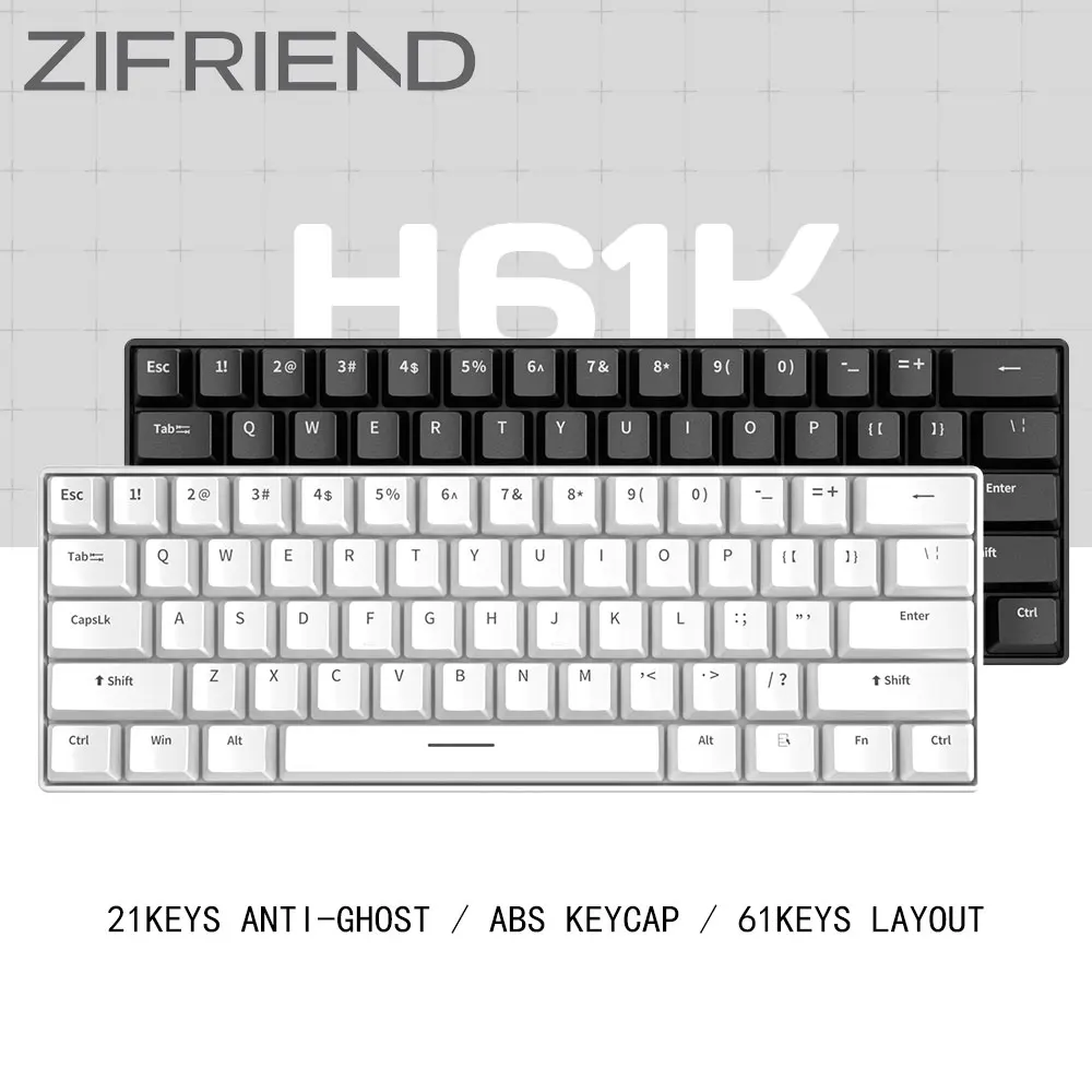 ZIFRIEND H61K 61 Keys Wired Mechanical Keyboard 60% Layout Hot-Swappable RGB Light Gaming Keyboard