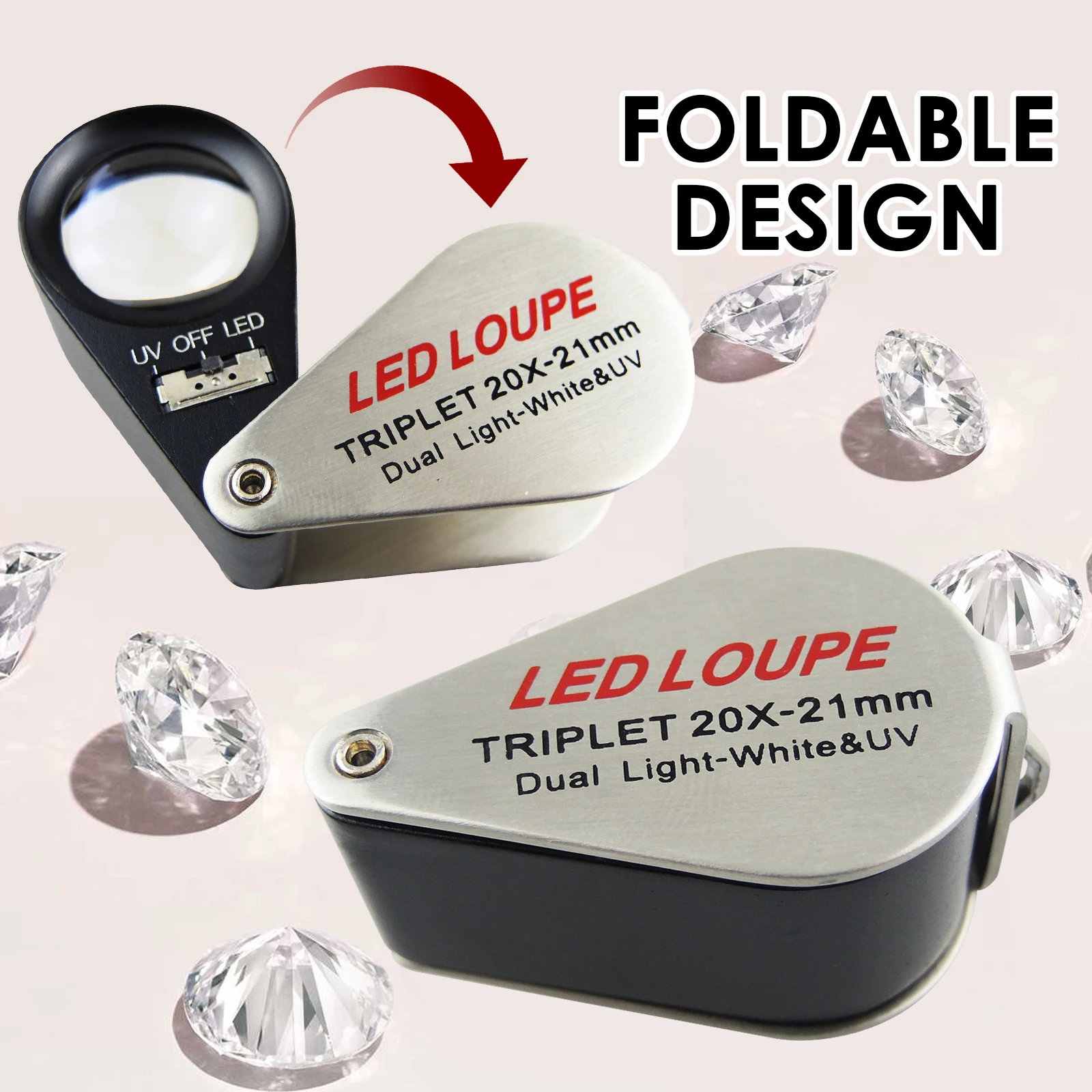 Professional 20X LED & UV Triplet Loupe 21mm Achromatic Lens for Gemology & Jewelry 6 LED Light Pocket-size Loupe