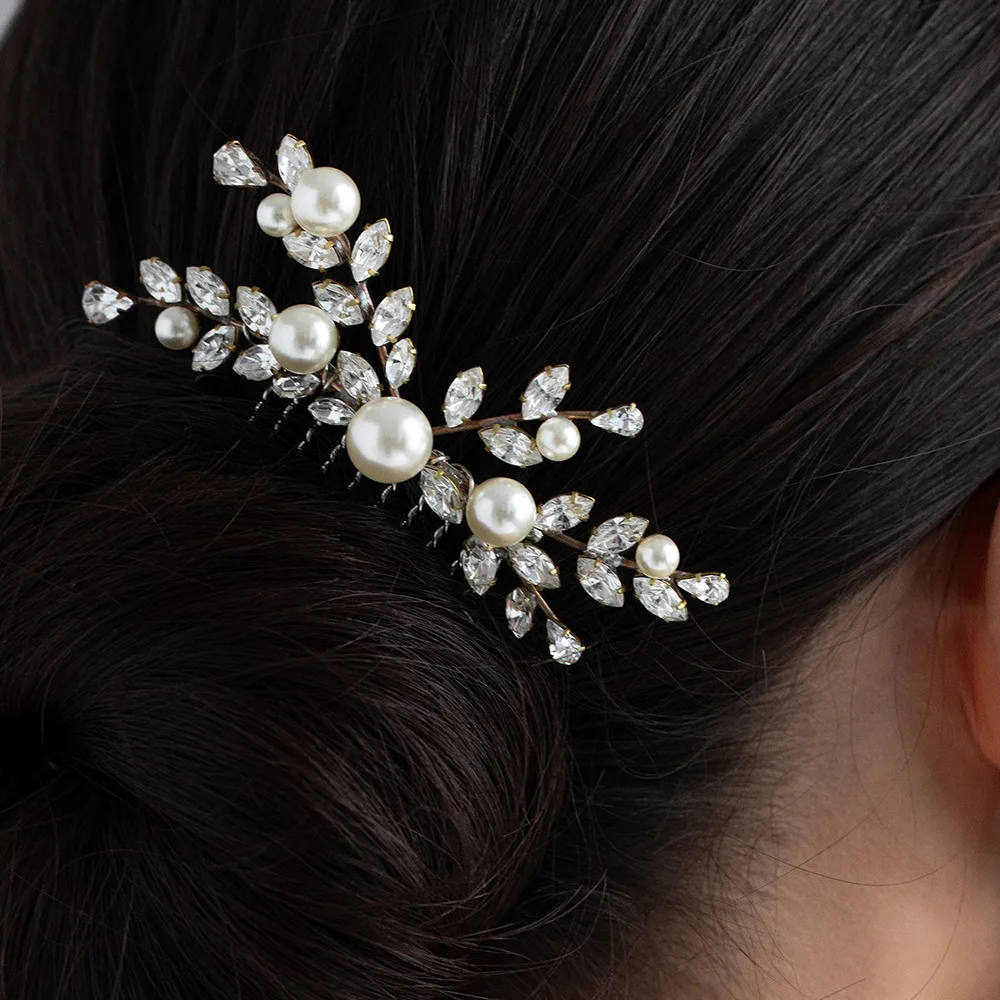 Charm Bridal Zircon Leaves Hair Comb Clips Indian Head Accessories Elegant Imitation Pearl Princess Headdress Jewelry Wedding