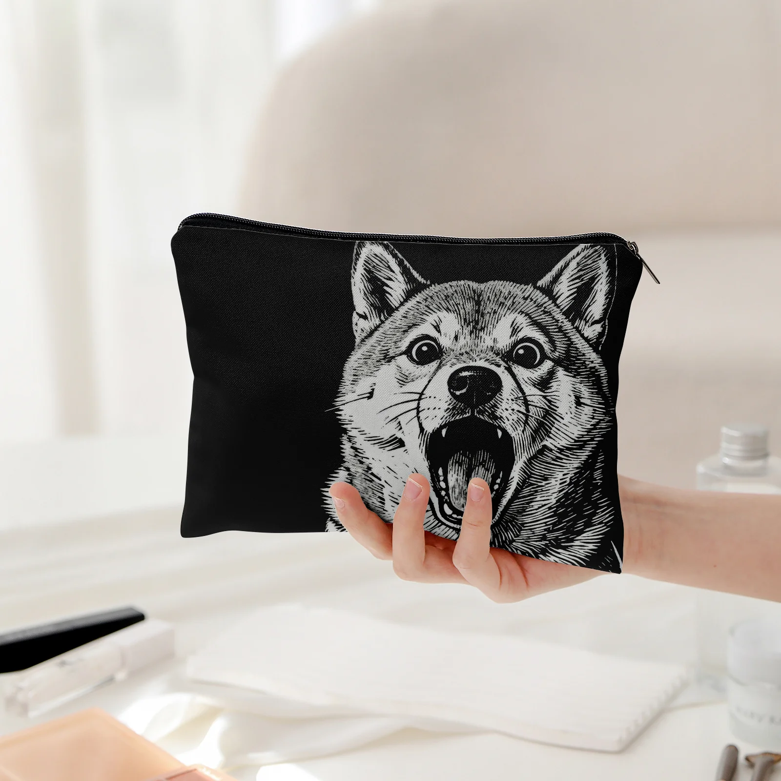 1Pc Cute Cartoon Shiba Inu, Black and White Retro Design Multifunctional Travel Makeup Bag, Snack Storage Bag, Stationery Storage Bag, Fashionable Toiletry Bag, Canvas Double-Sided Printed Zipper Pouch