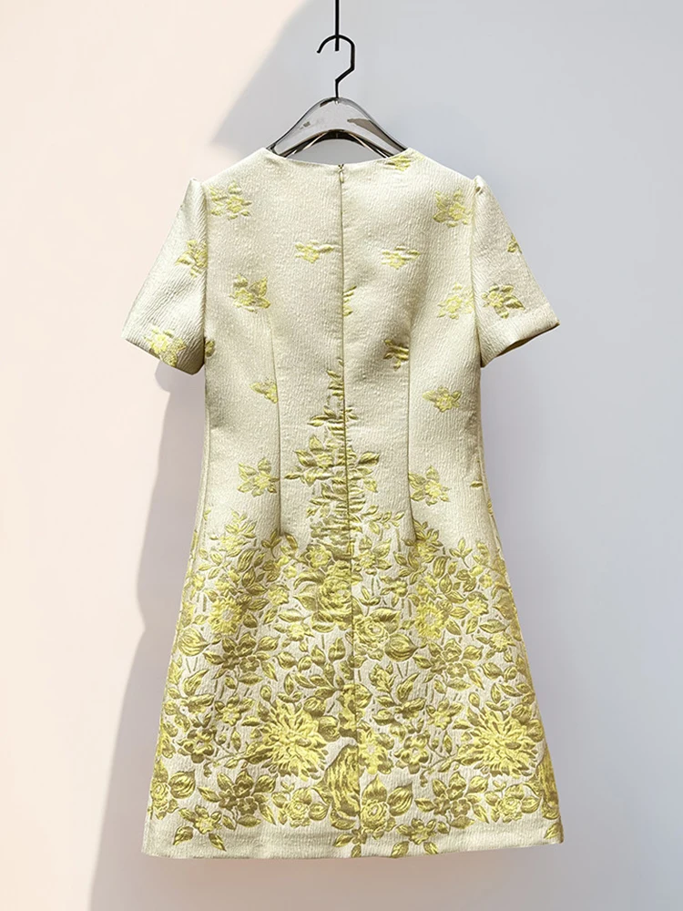 2026 Women Embossed Jacquard Beaded A-Line Dress Short Sleeve Round Neck Elegant Summer Ladies Fashion Dress - Image 2