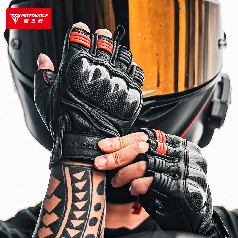 Leather Motorcycle Gloves for Summer Men Gloves Motocross Half Finger Fingerless Carbon Fiber Guantes Moto Luva Guanti Enduro