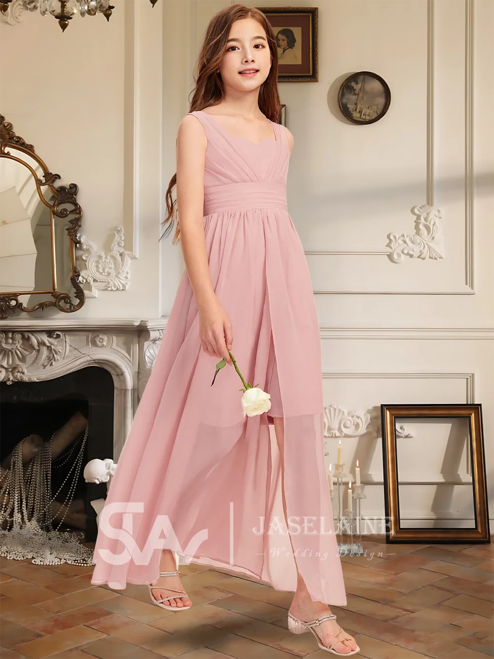 Элегантное асимметричное шифоновое платье трапециевидной формы для подружек невесты, платье с цветочным узором для девочек, торжественное летнее платье для свадебной вечеринки